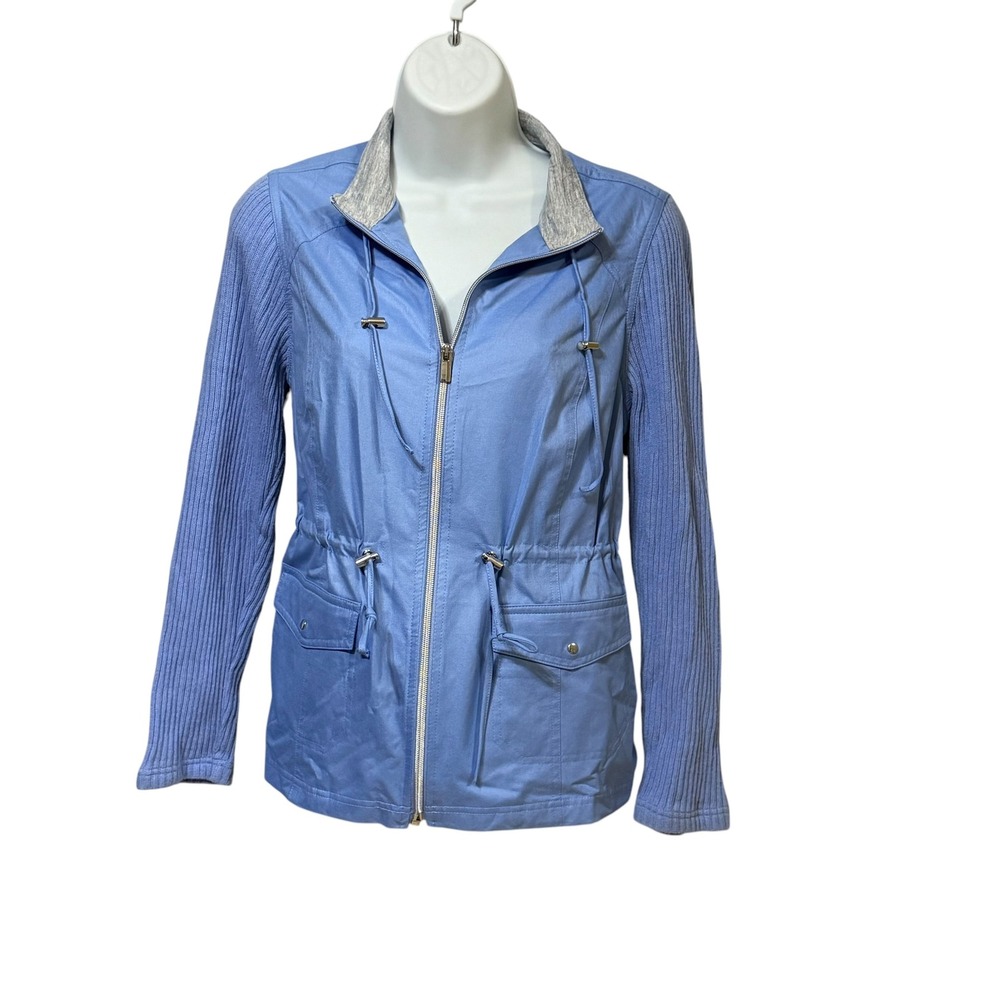 Chicos Zenergy Mixed Media Jacket Blue Ribbed Knit Full Zip Womens Size 00 XS/S